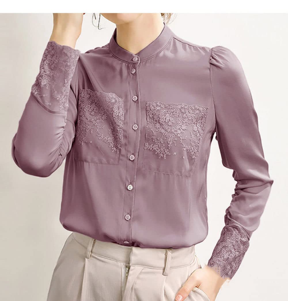 Damen-Hemd Mit Knopfleiste,Damen Satin Bluse Shirt Spitze Lila Langarm Vintage Mode Seidenhemden Business Hemd Mit Knopf Sexy Party Tops Casual Arbeit Büro Bluse Für Mädchen Damen