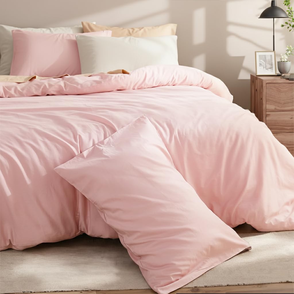 Set copripiumino in 100% cotone, per letto matrimoniale, rosa, consistenza simile al lino, super morbido e traspirante, leggero, 3 pezzi, in percalle resistente, per tutte le stagioni