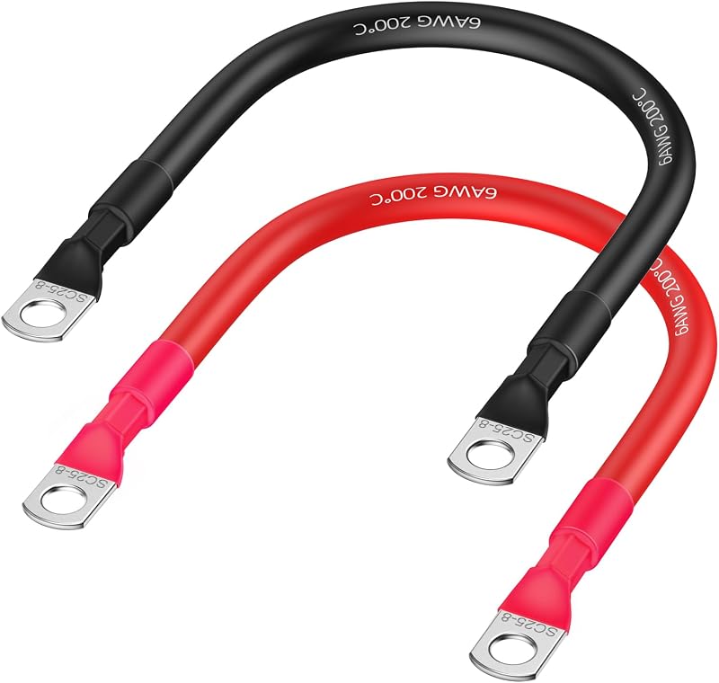 EXTRACTME Power Battery Cable, 6 AWG 12 Inch Flexible Silicone Jumper Cables with Terminals, Tinned Copper Battery Inverter Cables for Automotive, Marine, Car, Solar, ATV - Red Black