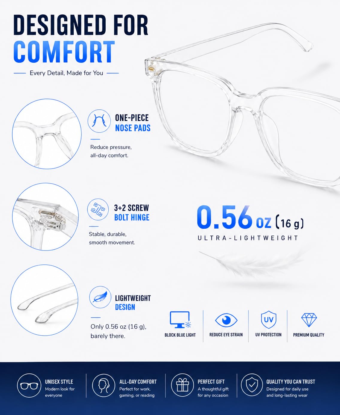 Übergroße, quadratische Blaulicht-blockierende Brille für Damen und Herren, blendfrei, reduziert Überanstrengung der Augen (transparent)