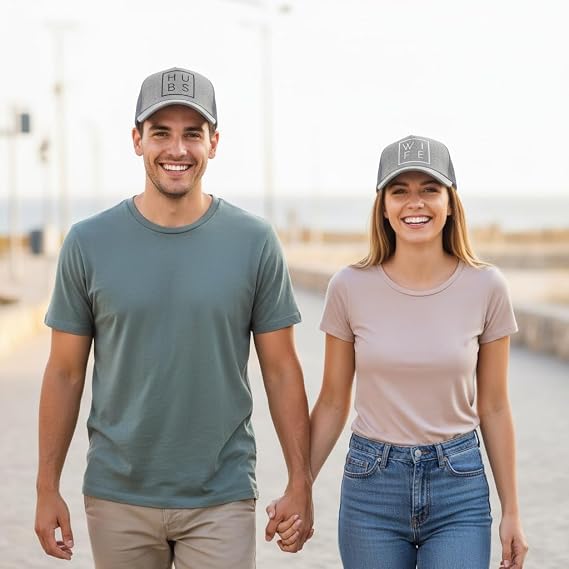 Heather Gray Hubs and Wife Trucker Hats Set of 2 Mr and Mrs Gifts Wedding Couples Honeymoon Essentials/Outfits Bride and Groom Gifts His and Hers Hats Engagement