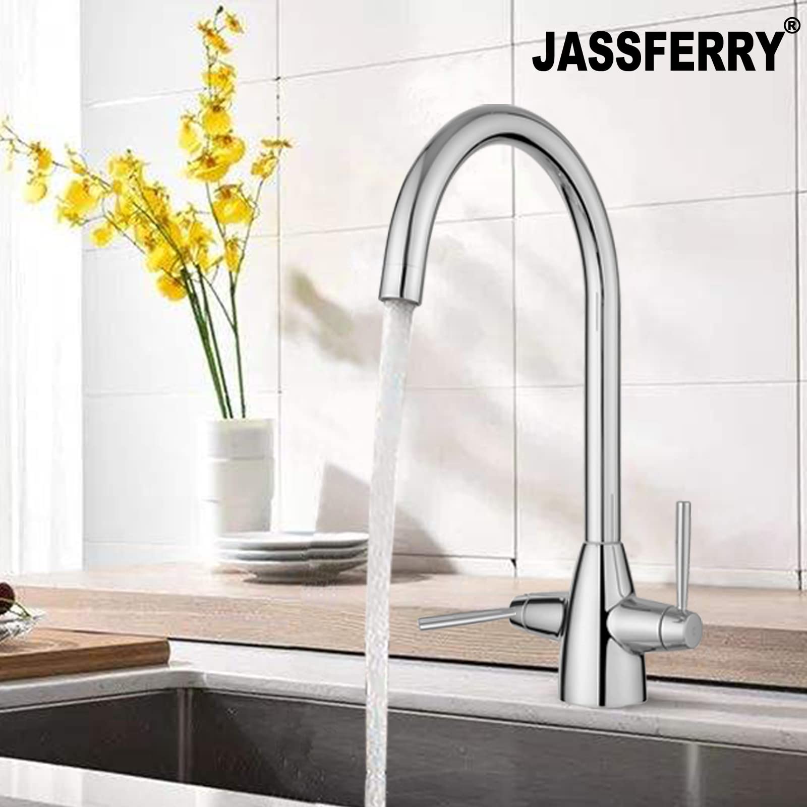 JASSFERRY Robinet mitigeur d'évier de cuisine double quart de tour avec poignées à levier col de cygne et bec rond pivotant en chrome poli