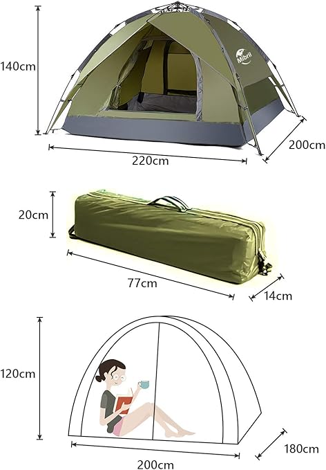 Amazon Mibril ワンタッチテント 3 4人用 コンパクト収納 二重層 数秒設営 サンシェードテント Uvカット 防風防水 防災 花見 海水浴 登山 キャンプ用品 専用収納袋付き アーミーグリーン Mibril テント本体