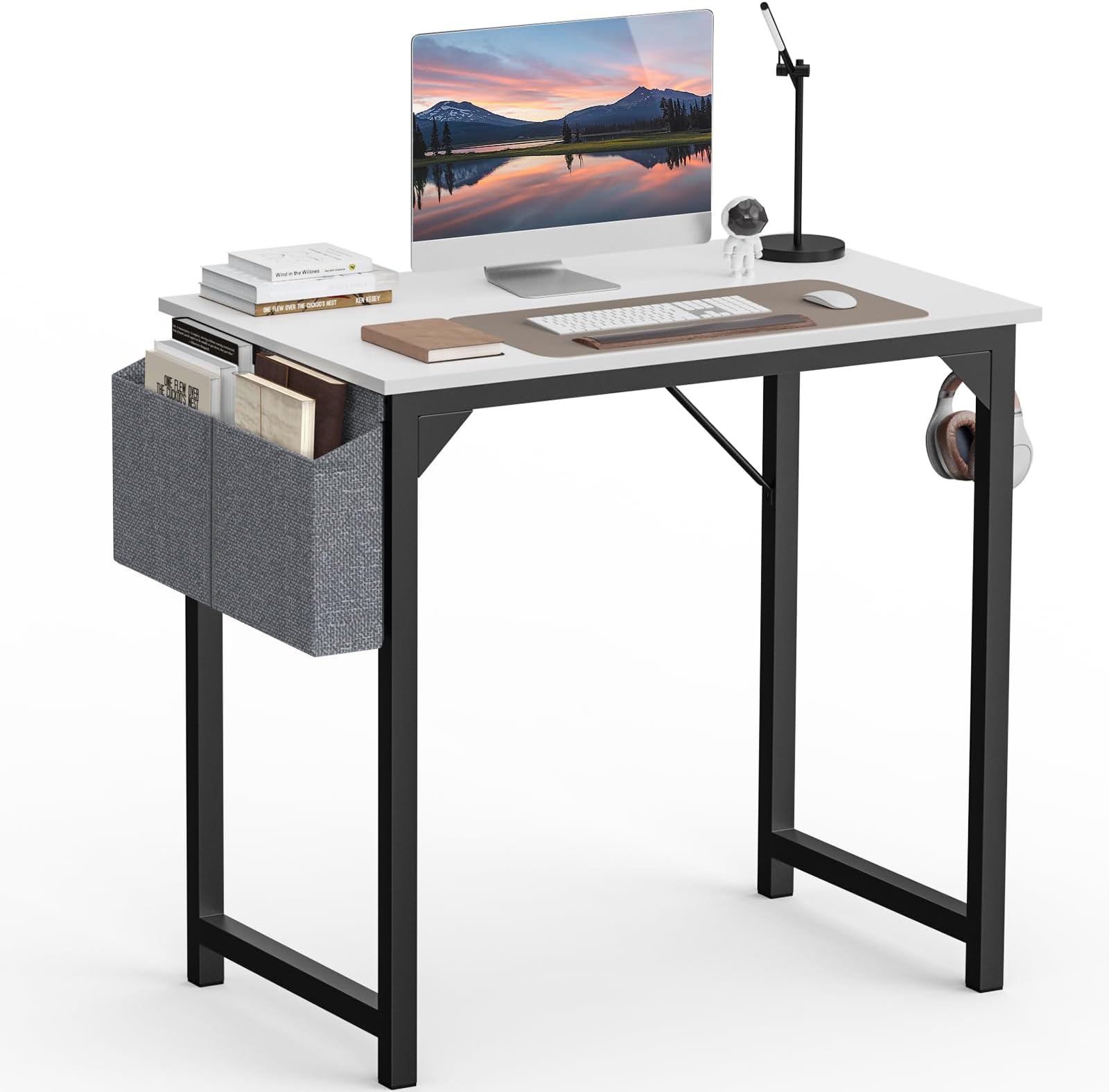 SMUG Small Computer Desk 32 Inch Office Gaming Study Writing Work Kids Student White Table Modern Simple Style Wood PC Workstation with Storage Bag Headphone Hook Metal Frame for Bedroom, Home, White