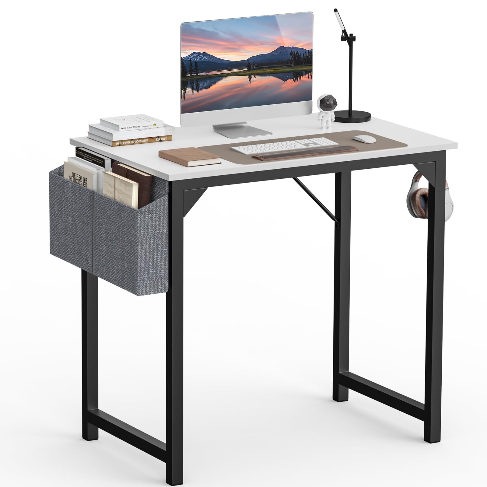 Small Computer Desk 32 Inch Office Gaming Study Writing Work Kids Student White Table Modern Simple Style Wood PC Workstation with Storage Bag Headphone Hook Metal Frame for Bedroom, Home, White