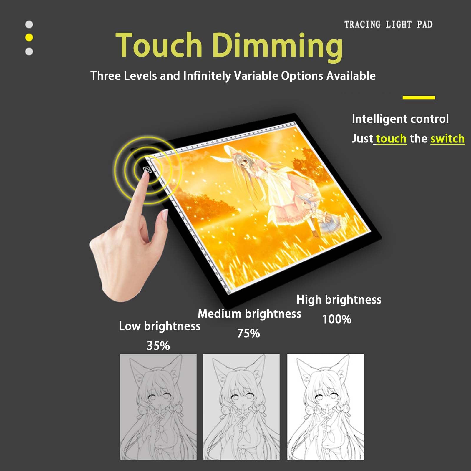 A2 Leuchttisch mit Stempelkissen, A4/A3 Led Licht Pad 3 Stufen stufenlose Dimmhelligkeit, Magnetisch Copy Board Leuchtkasten für Diamond Painting Skizzieren Animation