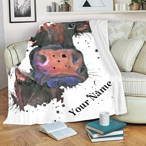 Miniatura 3 de Manta personalizada con texto con nombre, manta personalizada de animales en acuarela de vaca, manta de forro polar súper suave para sofá, cama (50