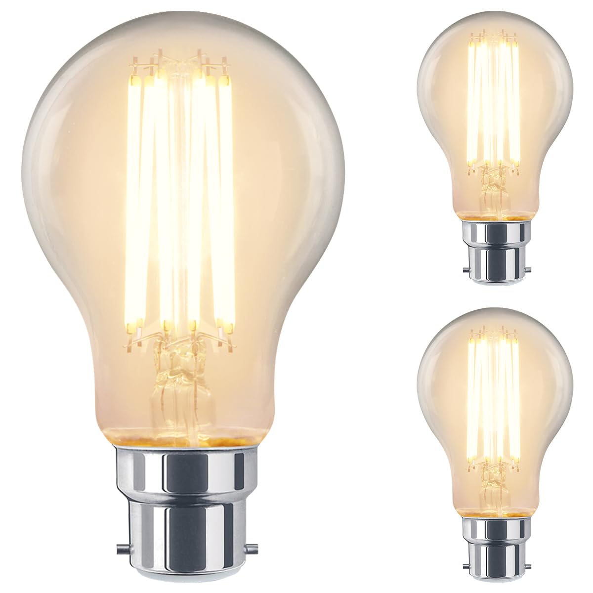Long Life Lamp Company 3 LED Light Bulb 3000k B22 Bayonet Dimmable 12w Filament Clear Glass A60 Warm White