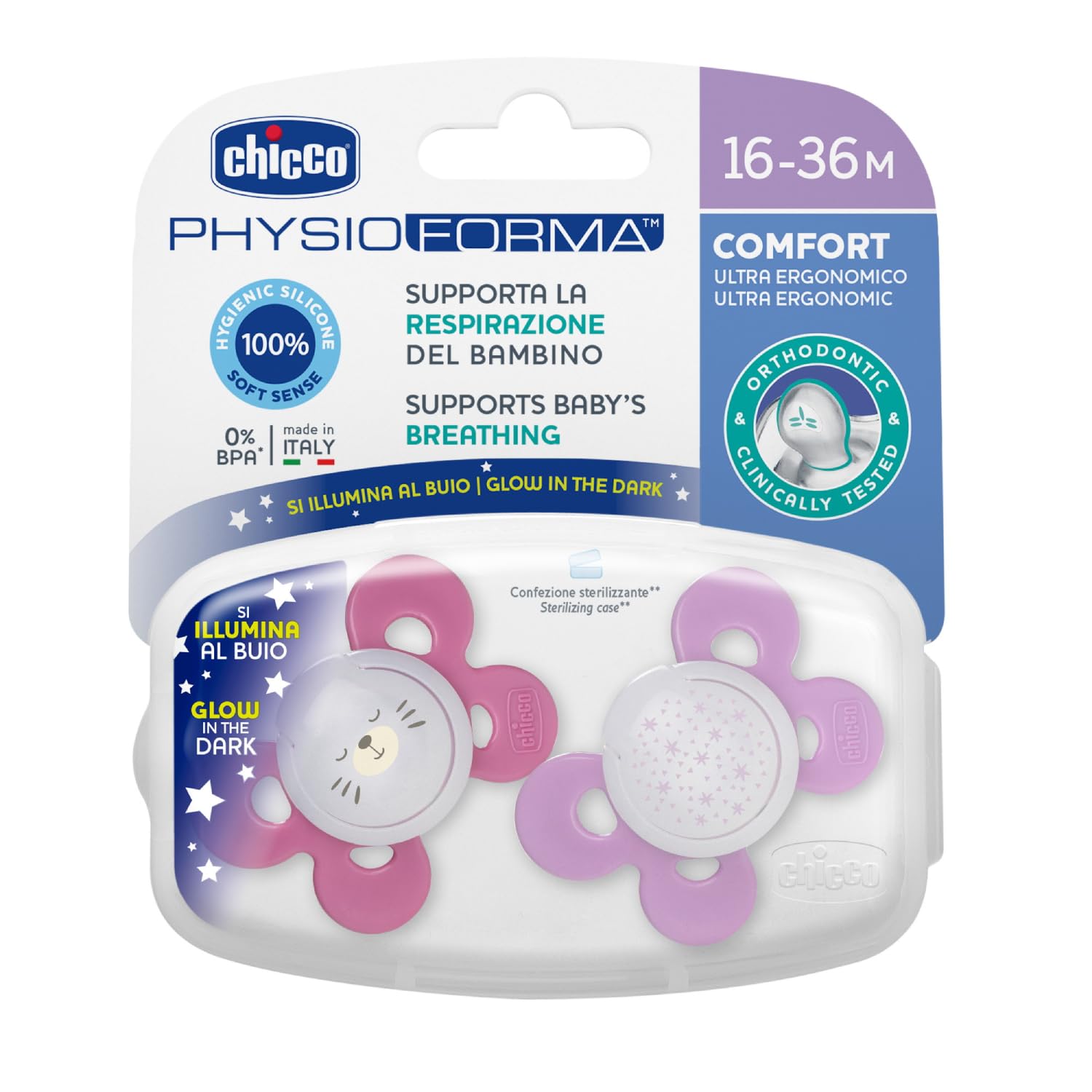 Chicco PhysioForma Comfort Soother for Babies (16-36 Months) (Pack of 2) | Baby Pacifier with Unique Shape to Support Baby's Breathing | Soft Silicon Material | Glow in The Dark | BPA Free (Pink)