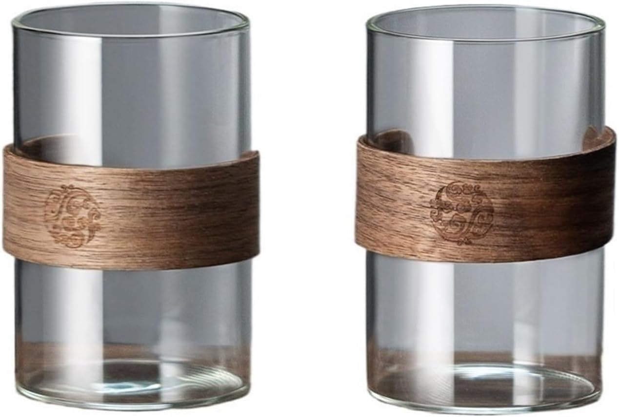 Elegant 11.8Oz Drinking Glasses with Walnut Ring Set of 2, Clear Borosilicate Glass Cup for Cold and Hot Drinks Glassware(Clear)