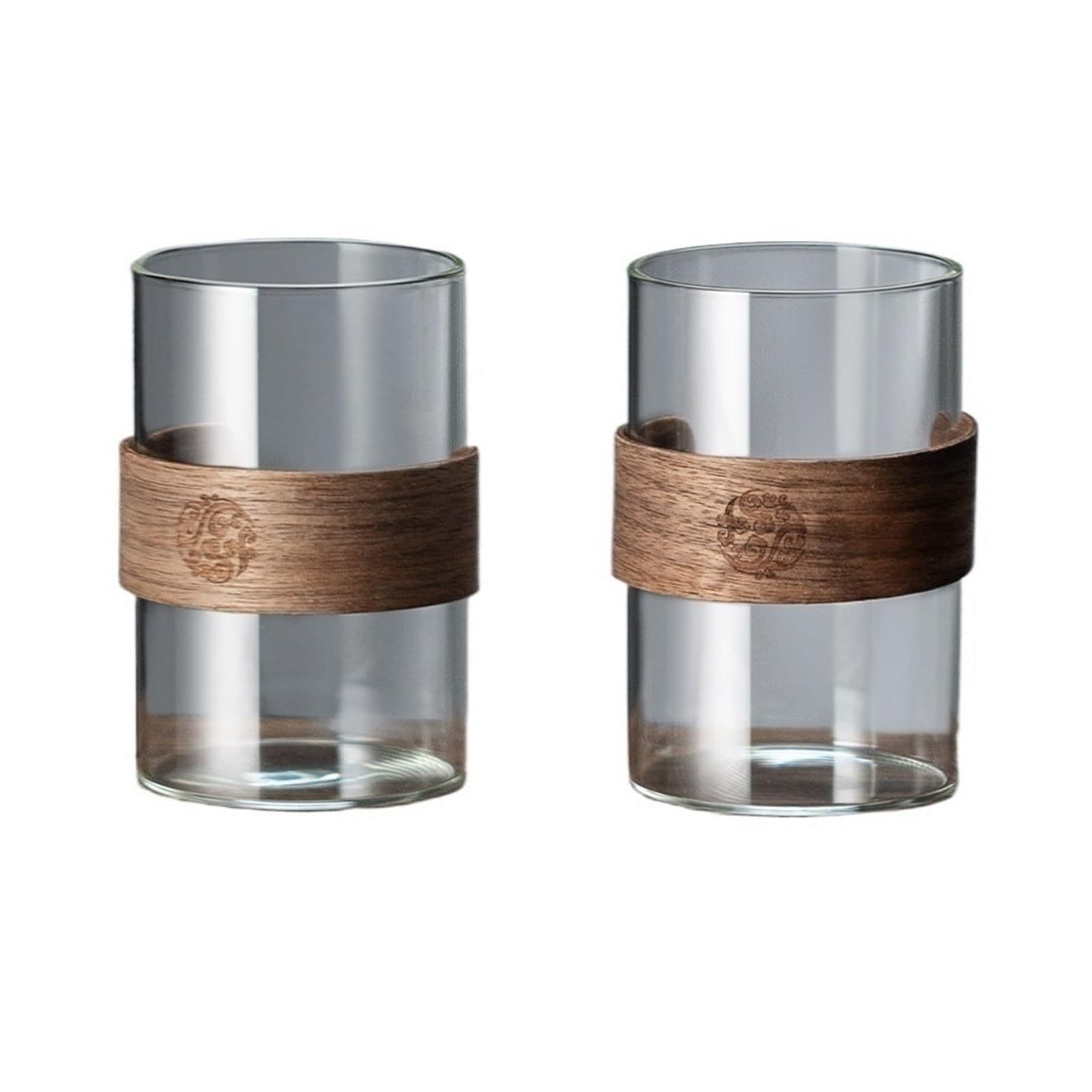 Elegant 11.8Oz Drinking Glasses with Walnut Ring Set of 2, Clear Borosilicate Glass Cup for Cold and Hot Drinks Glassware(Clear)