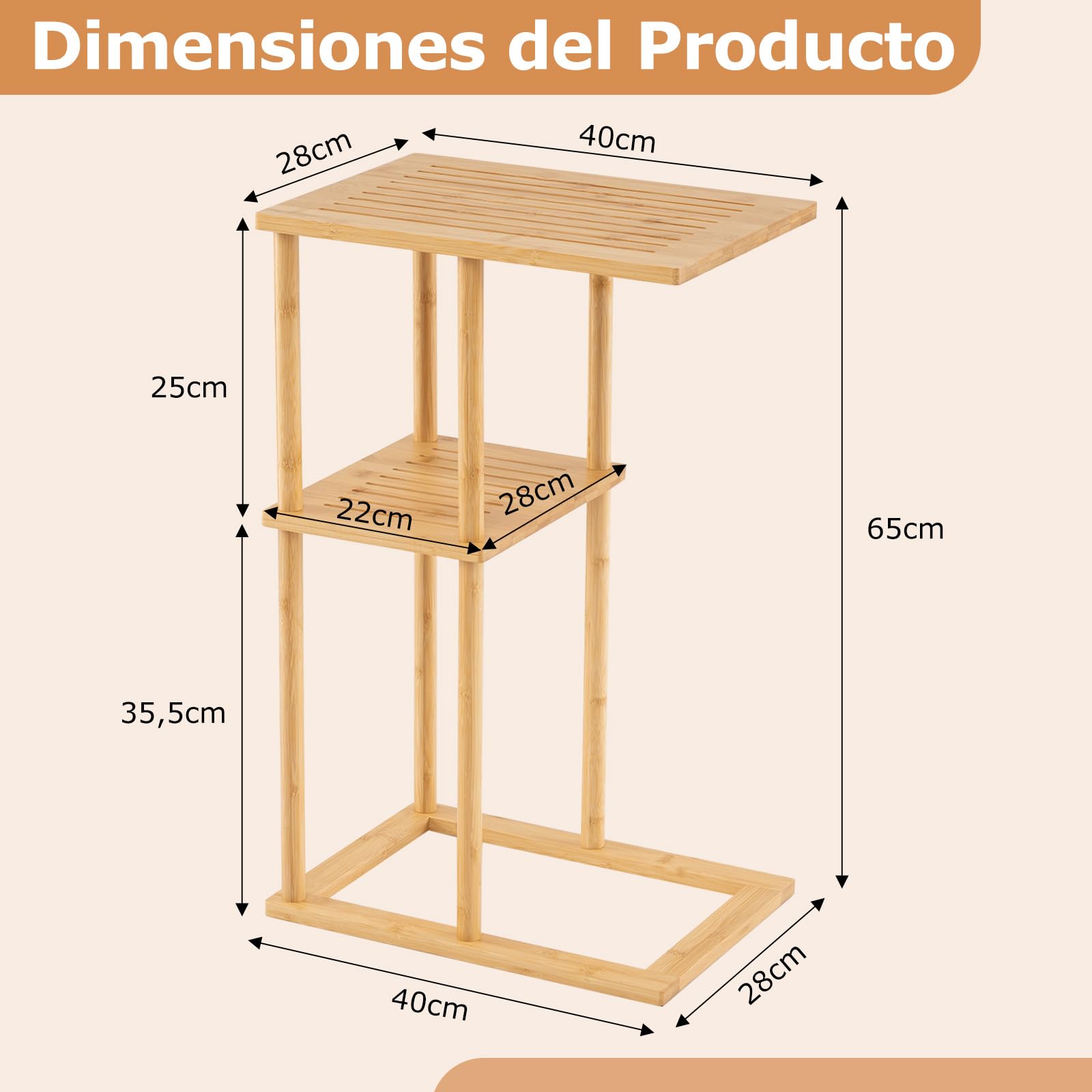COSTWAY Juego de 2 Mesa Auxiliar de Bambú para Sofá, Mesita Forma de C con Estantes de Almacenamiento, 40 x 28 x 65 cm, Mesa de Café, Mesita de Noche Estrecha para Cama, Sala y Dormitorio, Natural