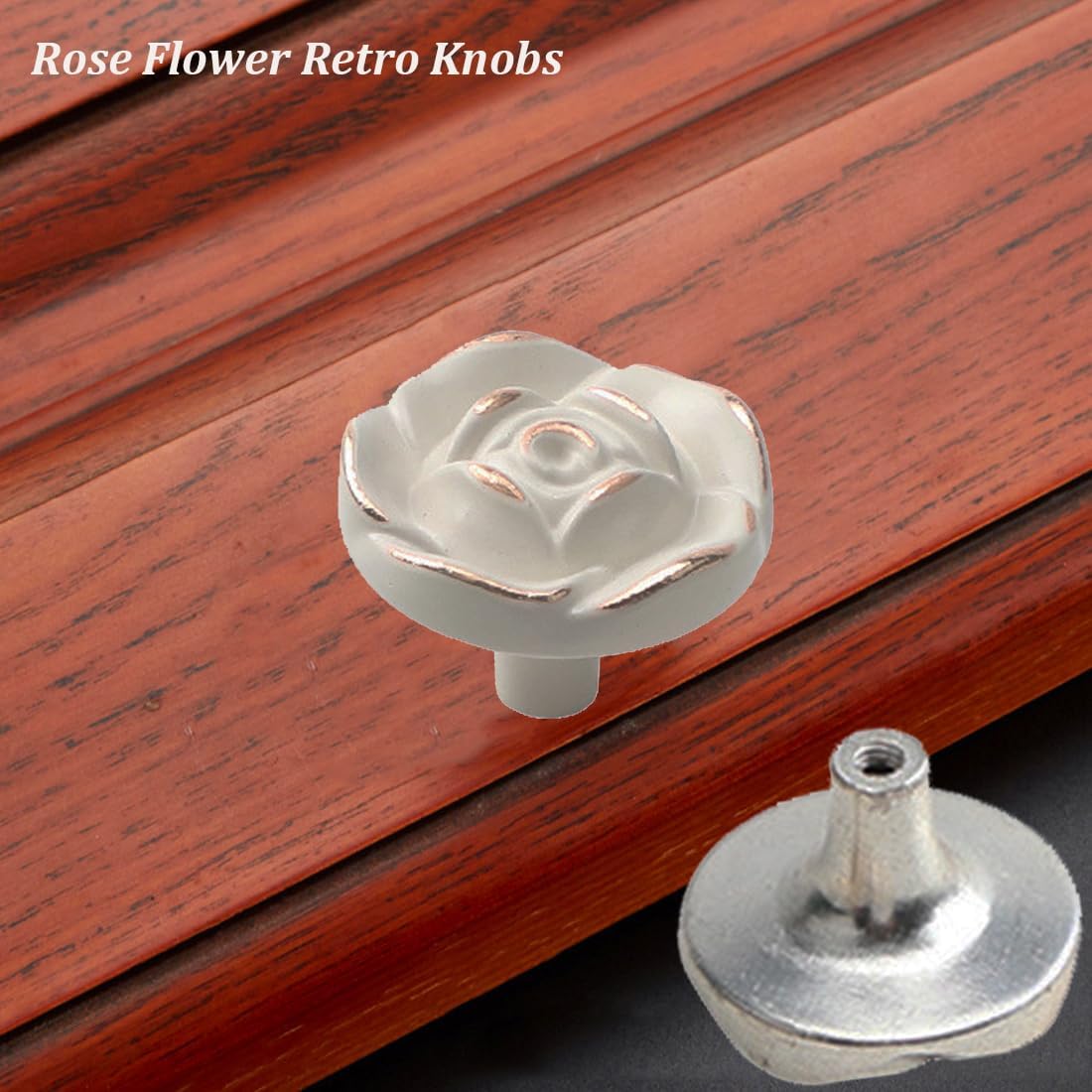 Rose Flower Dresser Knobs, [4 Pack] Vintage Zinc Alloy Rose Cabinet Pulls and Knobs, Decorative Antique Pull knobs for Kitchen, Cupboard, Cabinets and Drawers (White, 4 Pieces)