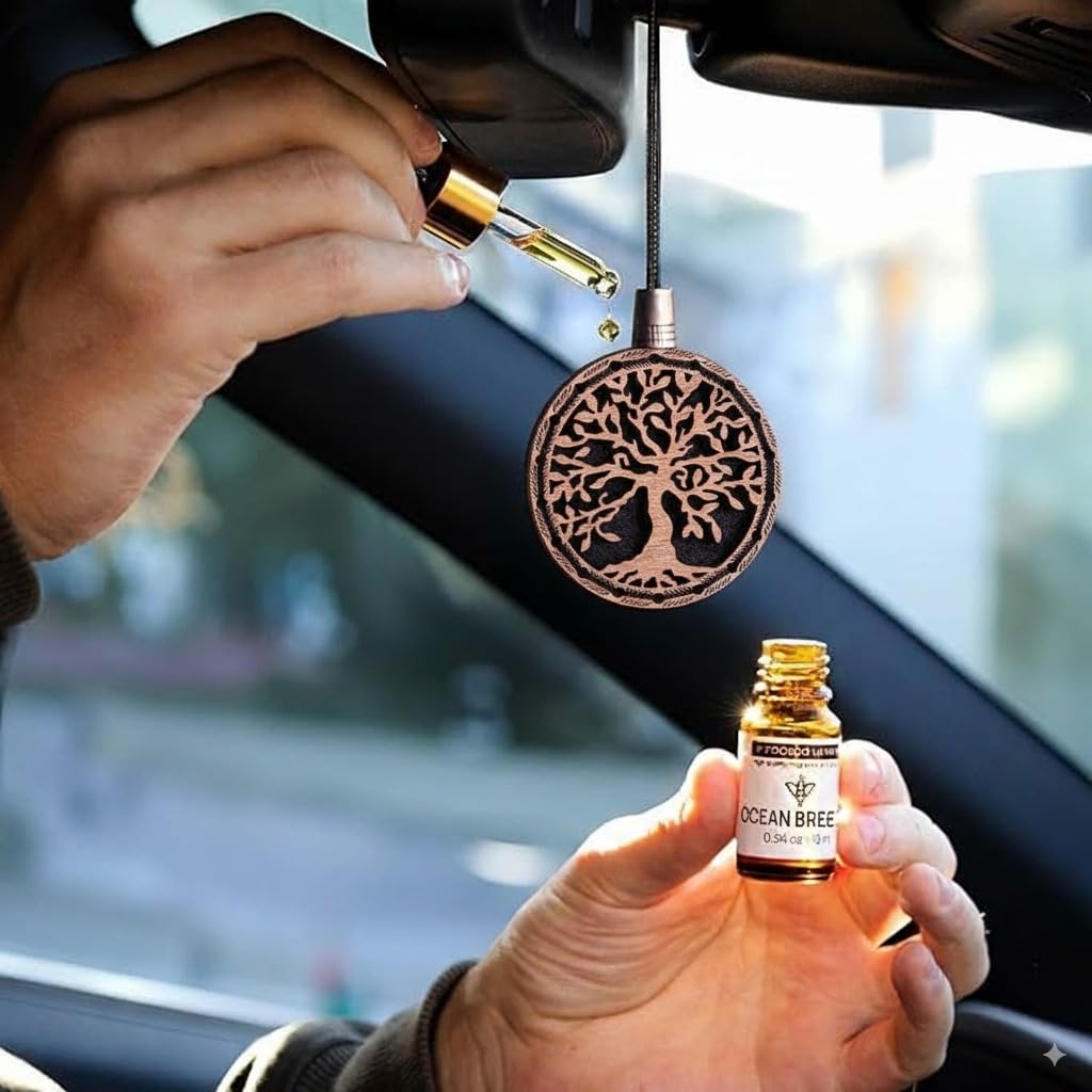 Ambientador de madera para coche, ambientador de coche hecho a mano, difusor de aceite de fragancia diseñado con árbol de la vida en caja de regalo de madera, juego de regalo de
