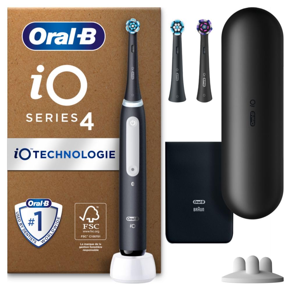 Oral-B iO 4 Brosse À Dents Électrique Noire Pour Adultes, 4 Modes De Nettoyage Avec Blancheur Et Extra Douceur Pour Protéger Les Gencives, 3 Brossettes De Recharge, 1 Chargeur, 1 Étui De Voyage