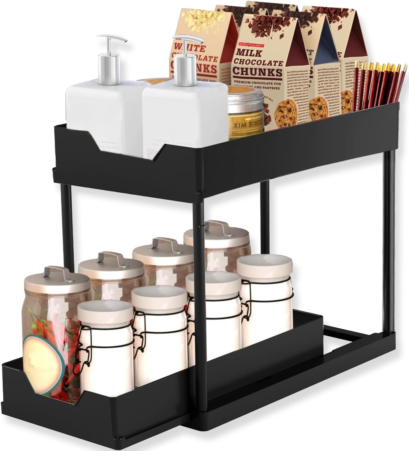 ECASA™ Under Sink Organizers and Storage, Large Capacity Heavy Load Pull-out Under Sink Shelves with Sliding Drawer, Multi-Purpose Storage Shelf for Kitchen Bathroom- Black