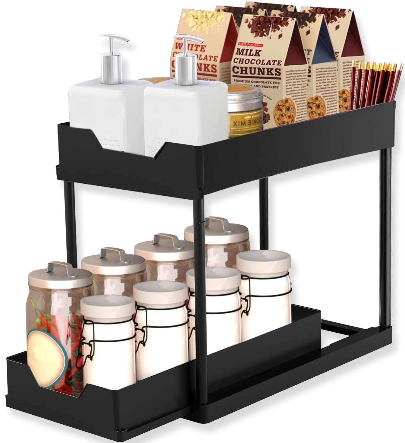 ECASA™ Under Sink Organizers and Storage, Large Capacity Heavy Load Pull-out Under Sink Shelves with Sliding Drawer, Multi-Purpose Storage Shelf for Kitchen Bathroom- Black