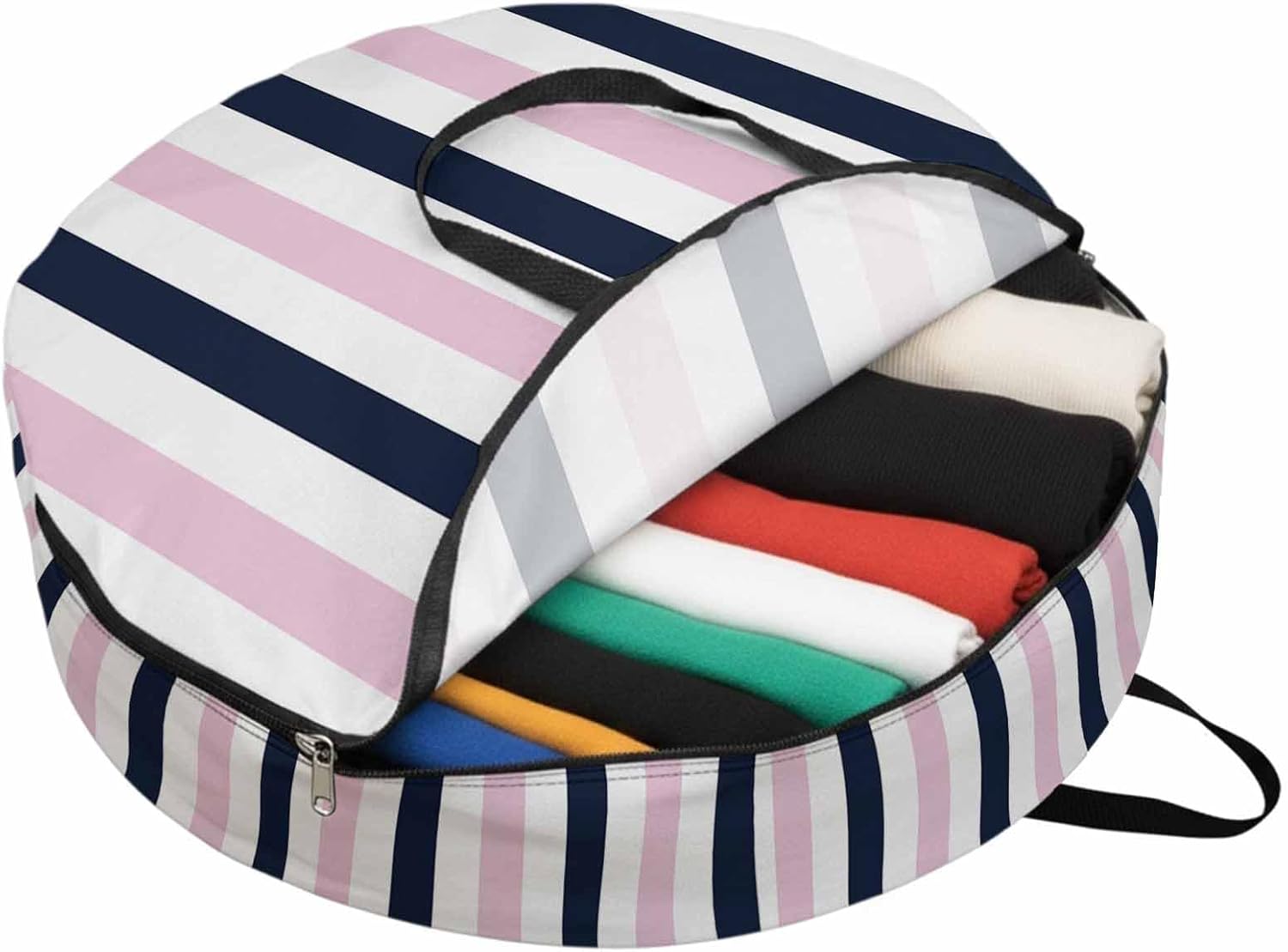 Navy Blue Pink Striped Round Storage Bag 36 Inch, Modern Abstract Clothes Storage Container with Handles Heavy Duty Organizer for Comforter, Bedding & Holiday Wreaths