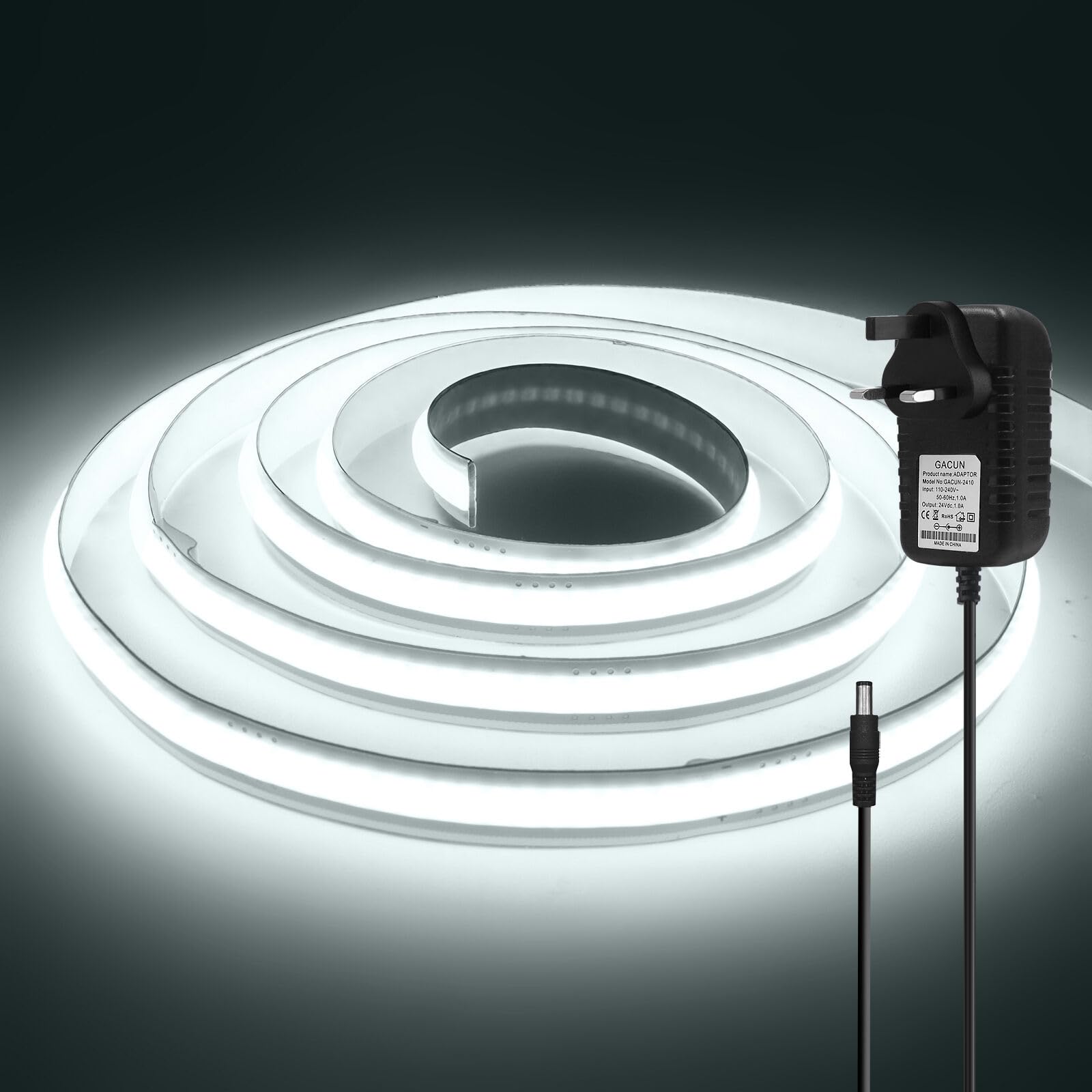12V COB LED Strip, 8MM 400 LEDs/m Free Cut Non Waterproof High Density Strip Light Rope Light for Bedroom, Kitchen, TV Backlight, Wardrobe, Home Lighting Decor.(Include Power Adapter)