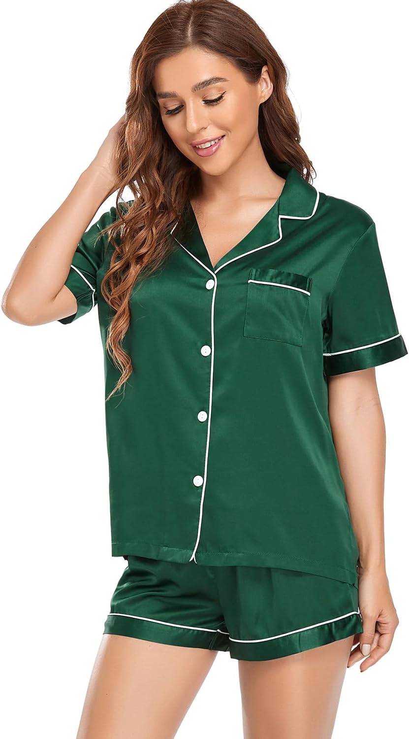 Women's Satin Pajama Set 2-Piece Sleepwear Loungewear Button Down Short Sleeve Silky PJ Set - Image 3