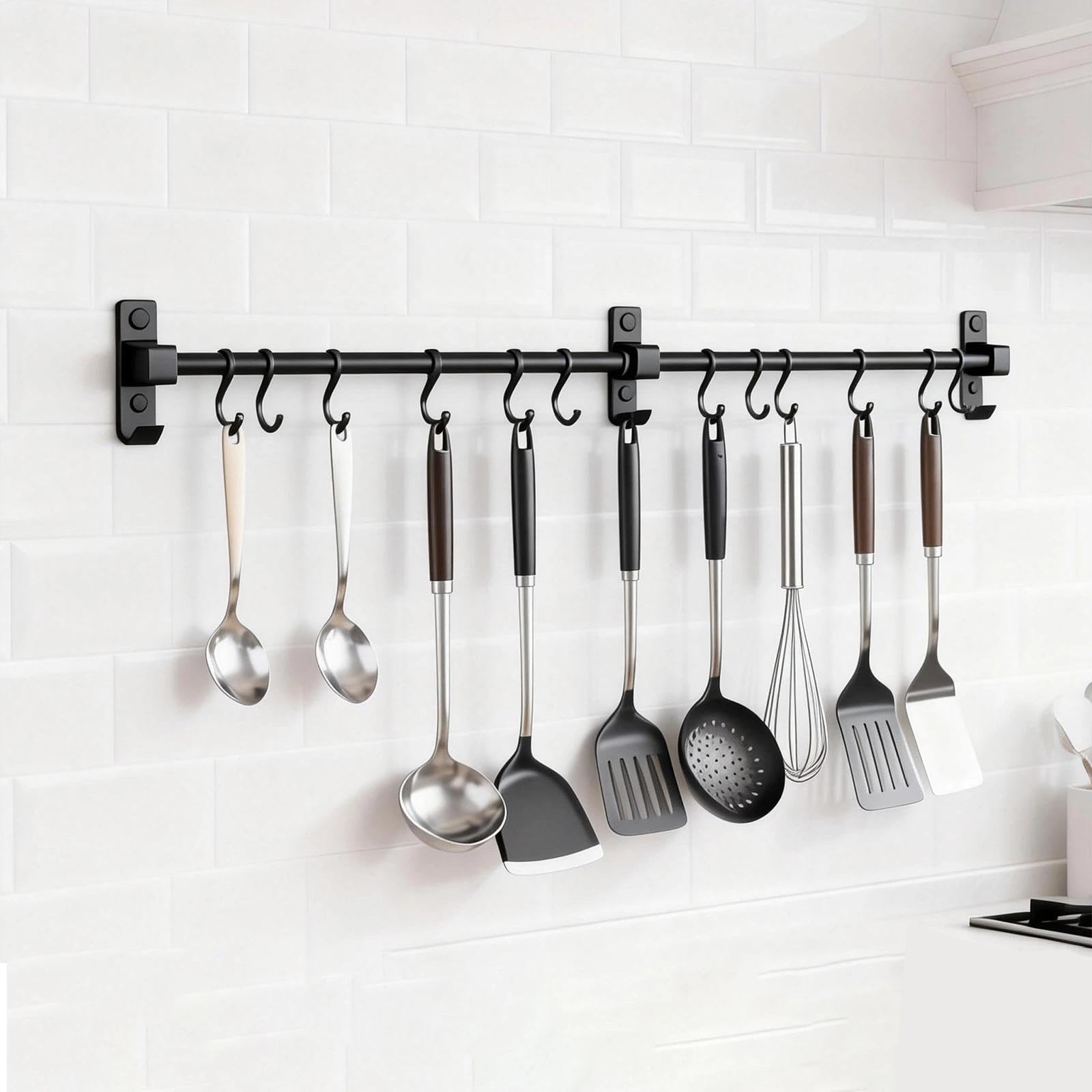 Stange für Küchenutensilien 80 cm, Aufhängung Küchenutensilien mit 12 Beweglichen Haken, Aluminium Hakenleiste Küche, Schwarz Küchenreling, für Aufhängen von Schneidebrettern, Löffeln, Scheren