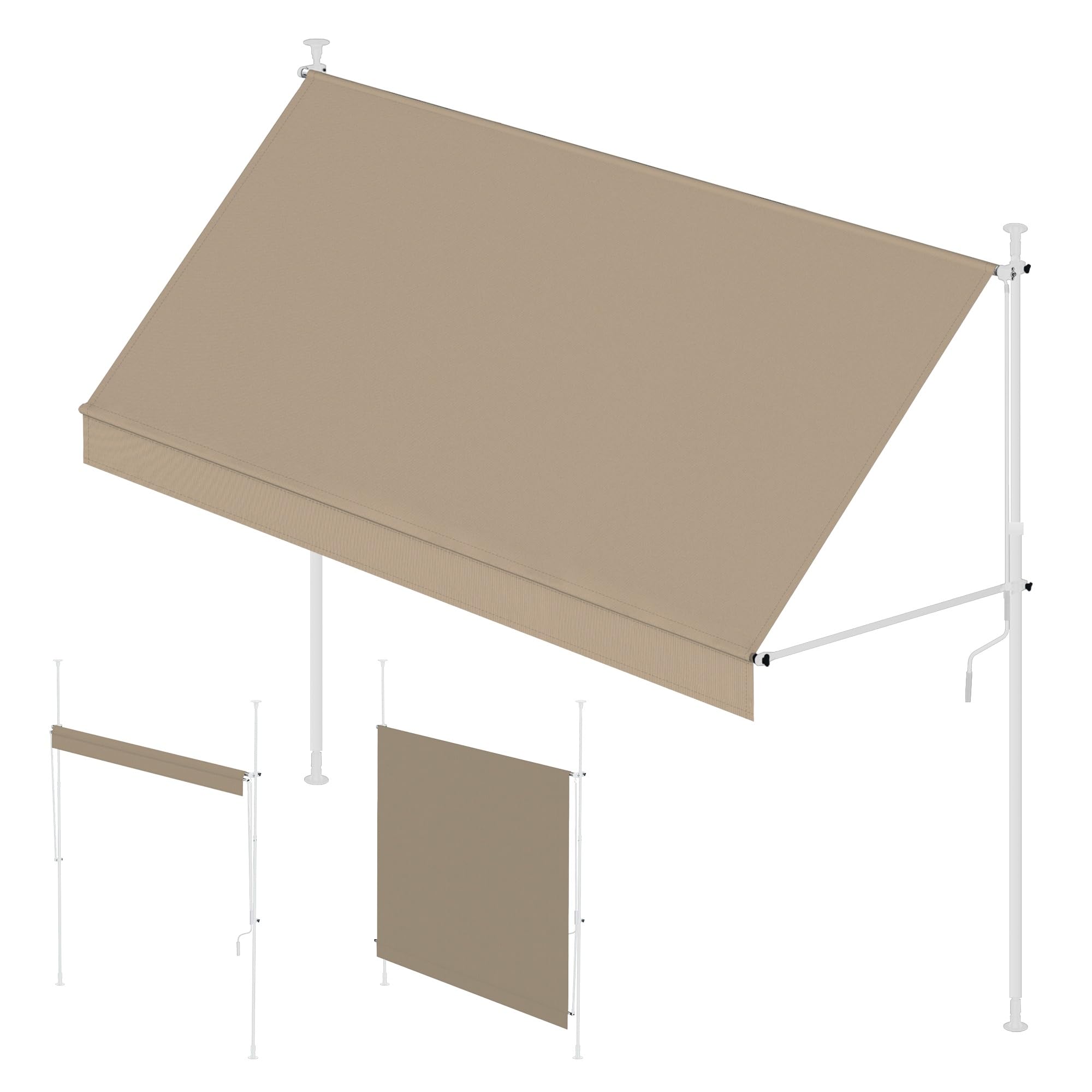 Wasabi - Toldo Retráctil Exterior 300x120cm Cityline - Altura Ajustable - Montaje Suelo y Pared sin Taladrar - Lona Beige Protección UV - Inclinación Regulable - Jardín Balcón - Estructura Blanca