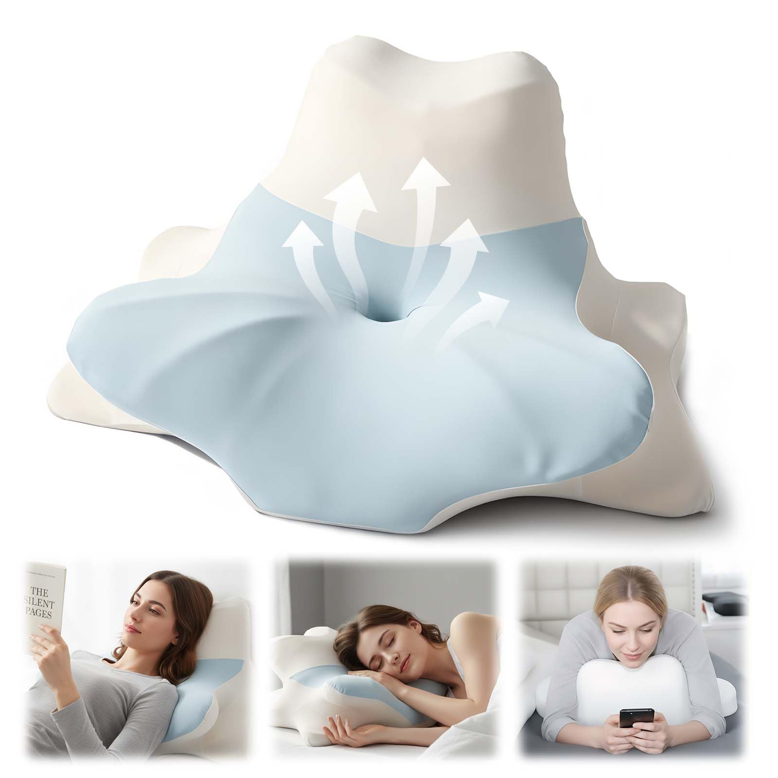 OKYUK Cuscino per chi dorme sul fianco, 4 in 1, ergonomico, in memory foam, con federa rimovibile, cuscino cervicale per la schiena e il sonno addominale (giuntura blu-bianca)