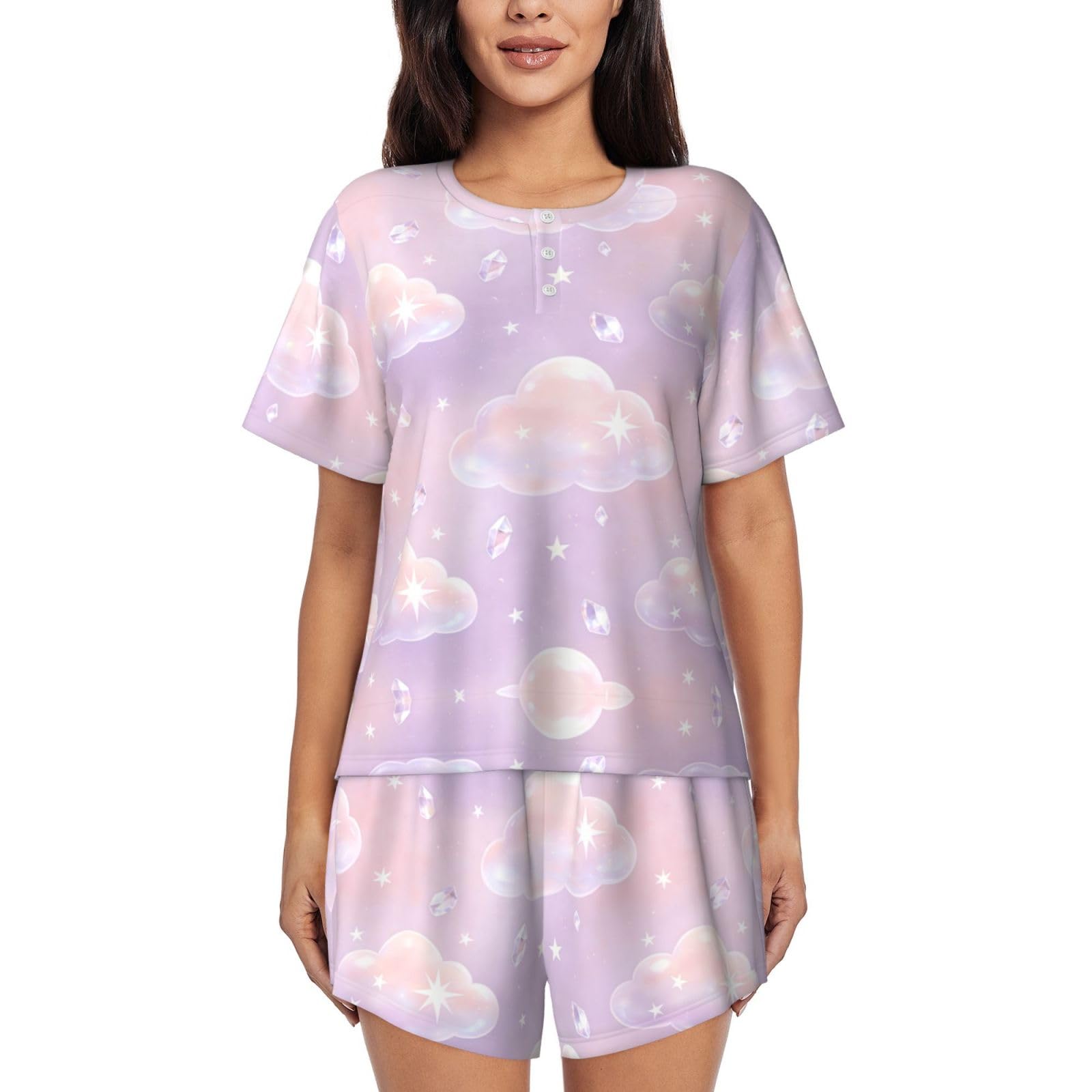 Conjunto de pijama de manga corta con cuello redondo para mujer