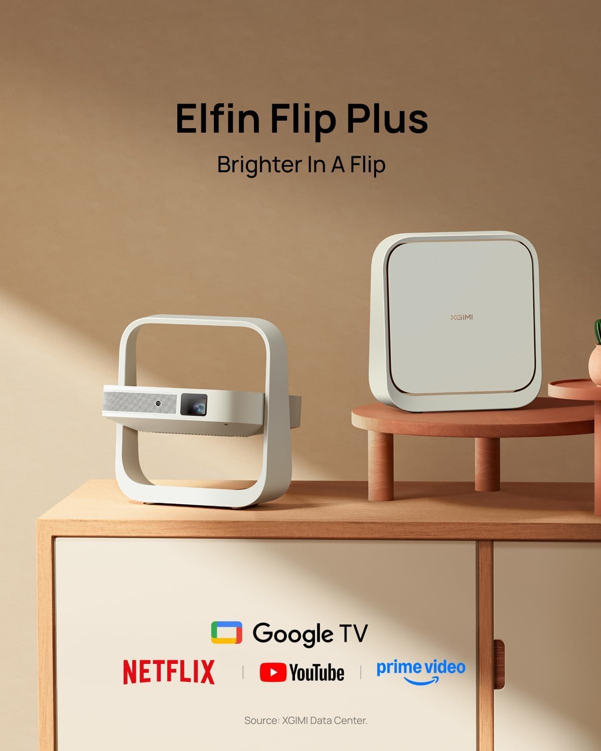 XGIMI Elfin Flip Plus Przenośny projektor, 1080p, z Google TV | 500 ISO, Google TV, Netflix, 150° stand, 2×3W, 4000:1, 121% Rec.709, 200". Do salonu i podróży.