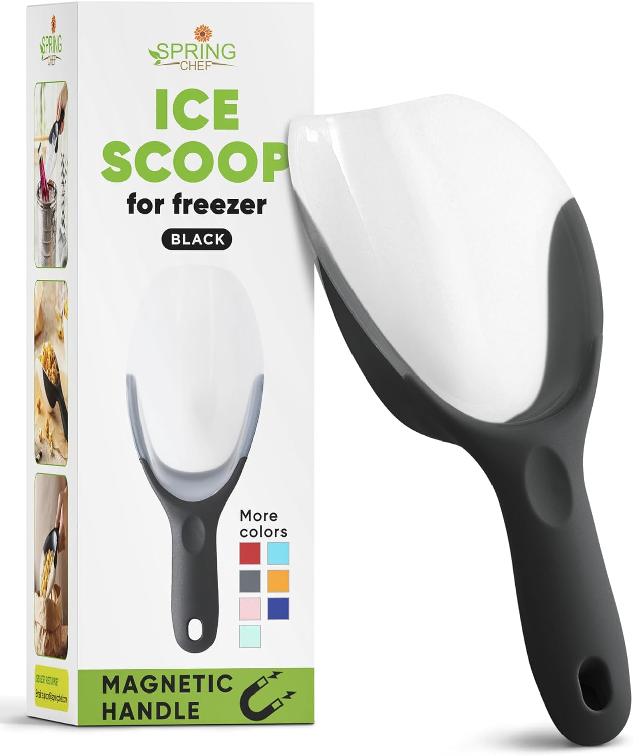 Spring Chef Magnetic Ice Scoop for Freezer - BPA-Free Flexi-Plastic Popcorn Scoop with Soft Grip Handle - Dishwasher Safe Ice Scooper - Kitchen Food Scooper for Flour, Grains, Candy, Pet Food - Black