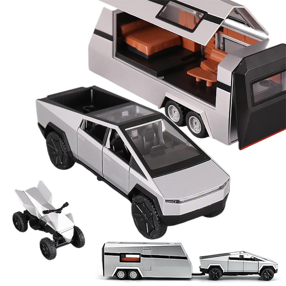 STONESTAR1/32 Pickup Trailer RV Model Kit, Truck and Trailer Toy with Sound Light Pull Back, Off-Road Pickup Truck Model toy with Motorcycle, Alloy Diecast Vehicles Cars Toys Gifts for Boy Girl Adult