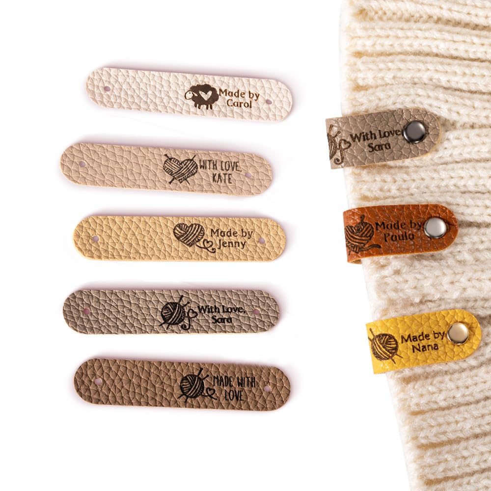 GSTFY Personalised Name Tags for Clothes Custom Handmade with Love Tags Leather Sew on Name Labels for Crochet Knitting Hats Scarve 10 Pcs 12 Designs