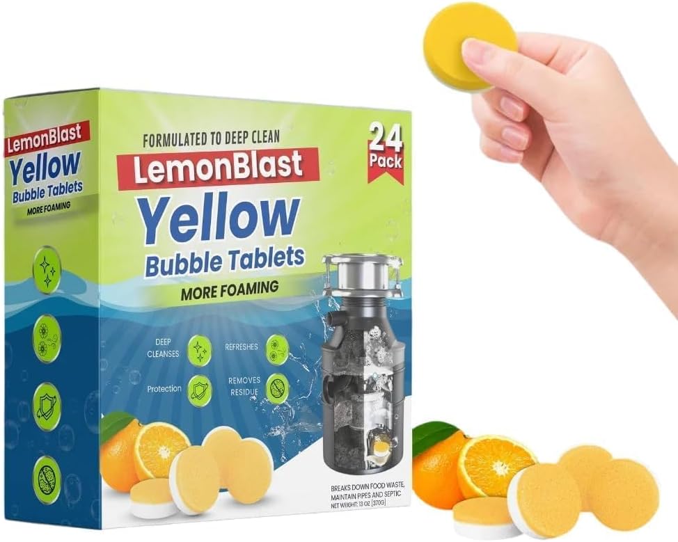 M R COLLECTION LemonBlast Yellow Bubble Tablets for Deep Cleaning | Multi-Use Foaming Tablets for Kitchen Sink, Drain, Pipes & Disposal | Helps Remove Residue & Refreshes with Active Foam | 24 Pack.S