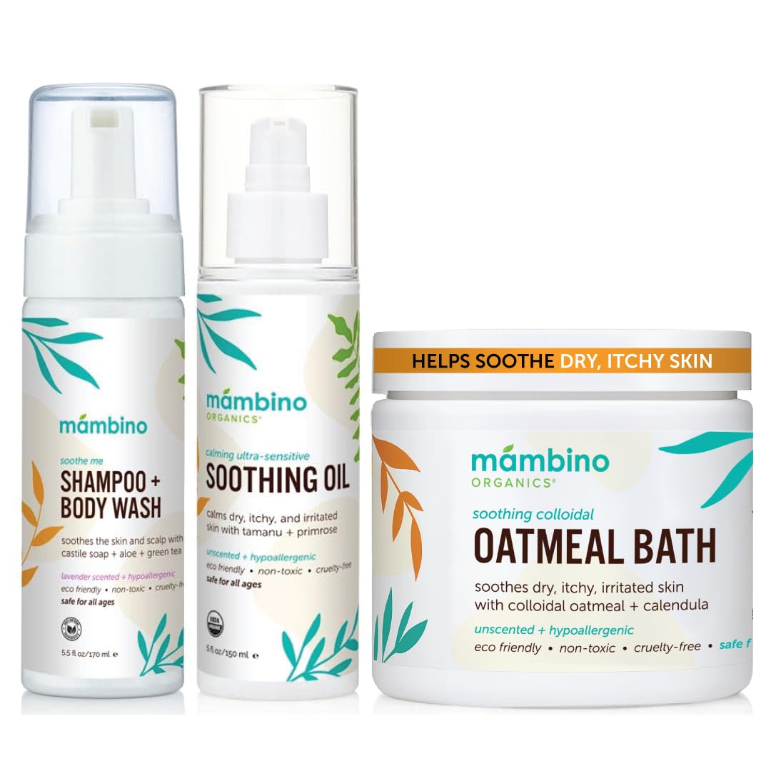 Soothing Bath Set, Organic Oatmeal Bath Soak, Soothe Me Shampoo & Body Wash, and Calming Oil, Gentle for Sensitive Skin, Vegan, Baby Bath Essentials, 3-Pack, 5.5 oz Each