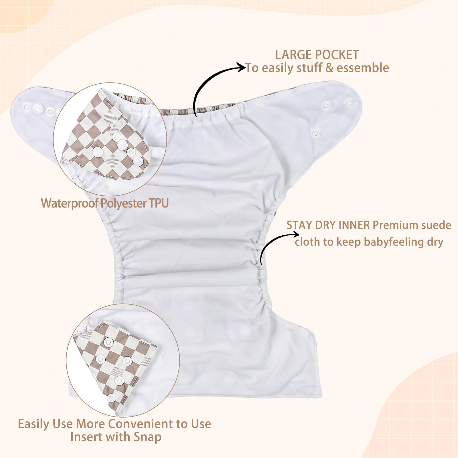 Baby Cloth Diaper One Size Cloth Diaper Covers 6 Pack with 6 Inserts & 1 Wet Bag Adjustable Washable Reusable for Baby Girls and Boys (Brown)