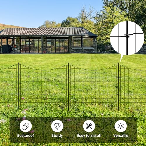 WOLTU Teichzaun Gartenzaun Komplettset, 10 Zaunelemente 11 Befestigungsstäbe, Steckzaun Metall, Gitterzaun Unterbogen, Zaun für Hunde, Schwarz
