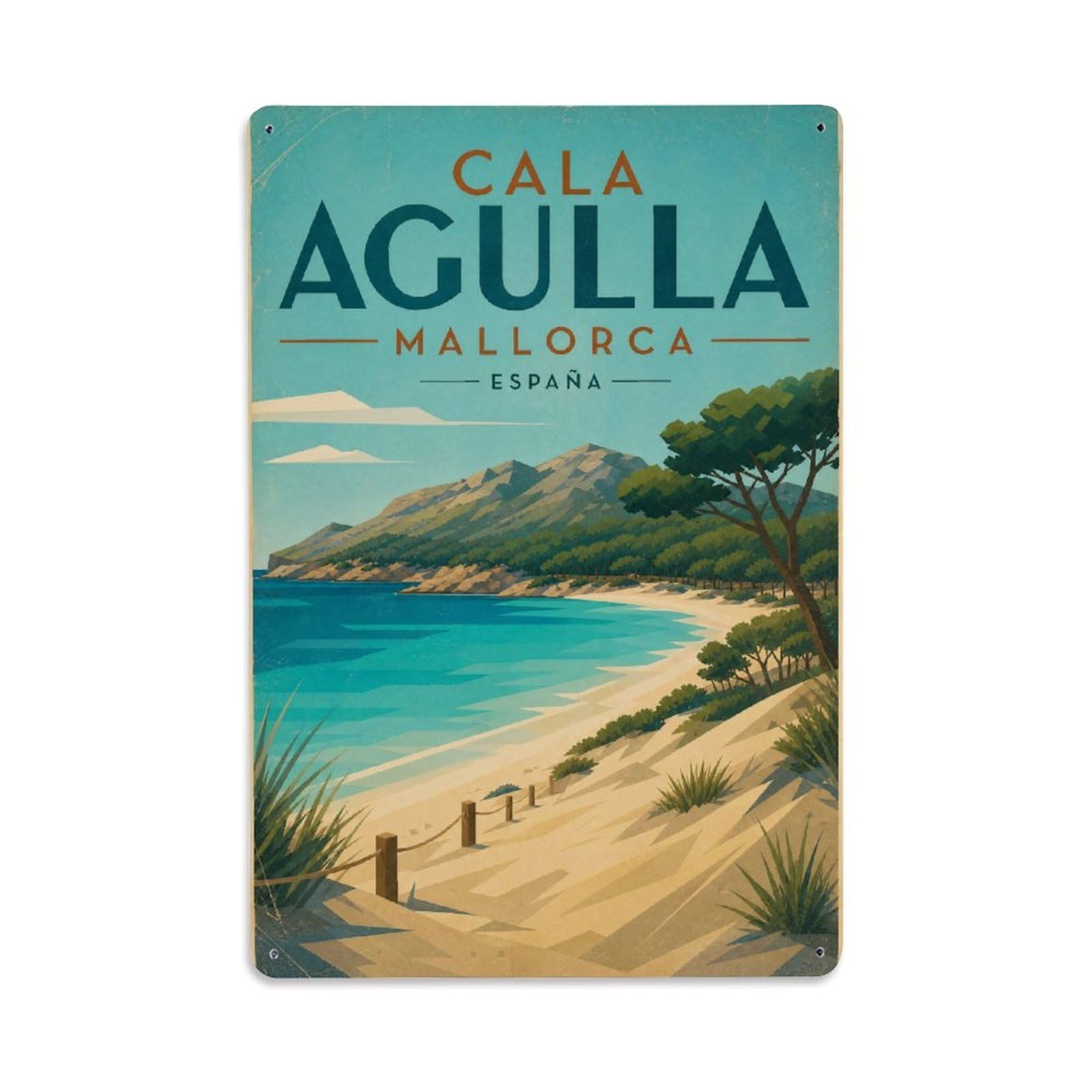 Fyrn Style Metal Tin Sign Vintage Travel Cala Agulla Mallorca Turquoise Bay Dunes