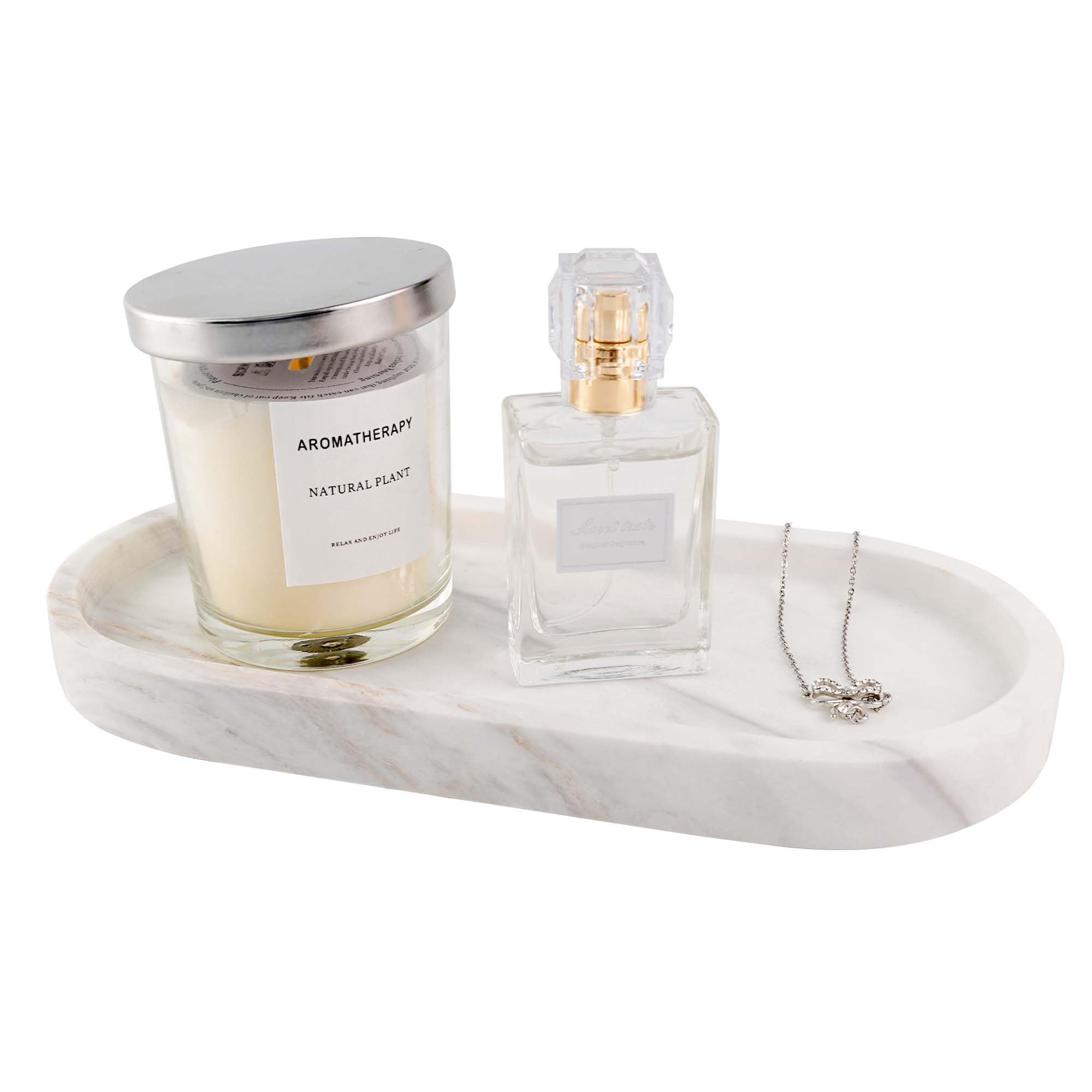 N NANSHOP Natural Marble Bathroom Vanity Tray for Non-Slip Bathroom Organizer Travertine Tray Countertop Decor for Makeup, Jewelry, Marble Coffee Table,Perfumes White (NS009)