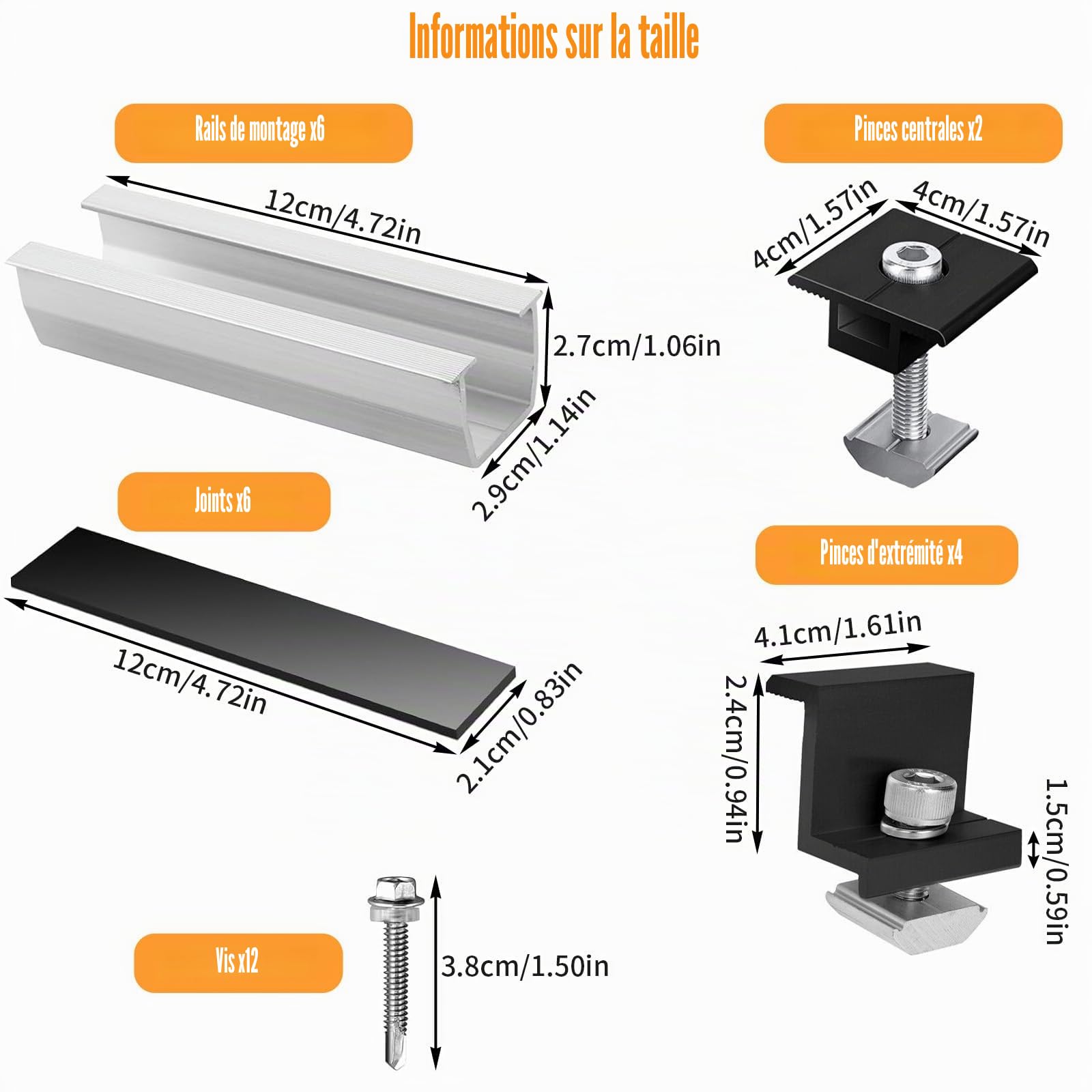 Kit Montage Solaire Aluminium Réglable avec 4 Pinces Extrémité, Supports Panneaux Photovoltaïque, Accessoires Rails Courts Argent 12cm, Support Fixation Solaires pour Toit Plat, Tôle Trapézoïdale