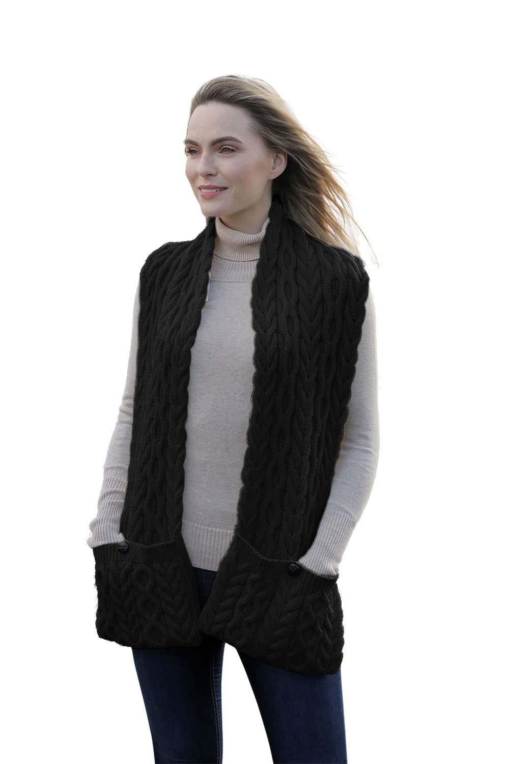 Aran Woollen MillsIrish Pocket Scarf with Button Aran and Two Stitching Patterns