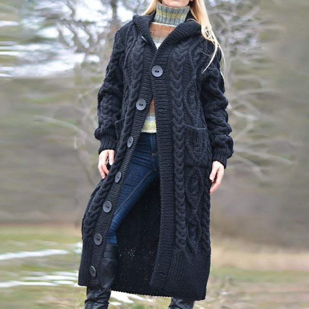 HGJH Damen Zopfstrick Kapuzenpullover Cardigan Vorne Offen Lange Strickjacke Lockere Knöpfe Weicher Pullover Elegante Übergangsjacke Kimono Cardigan Mantel Oberbekleidung Herbst Und Winter Schwarz L
