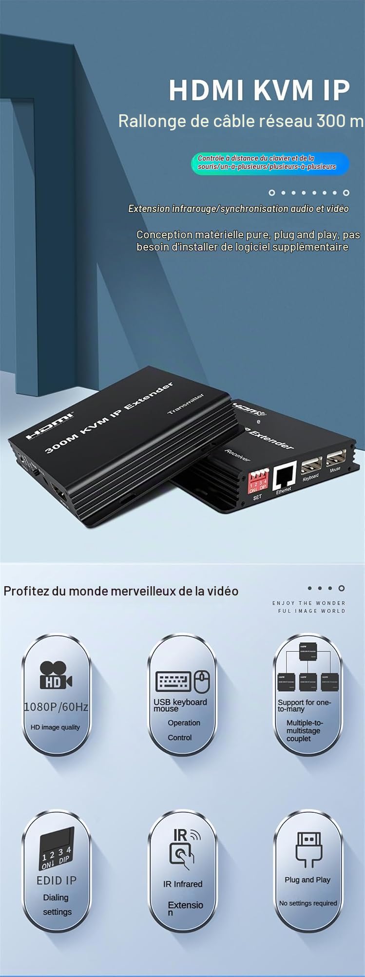 300M HDMI KVM IP Extender sur RJ45 Cat6 avec Câble Ethernet 1080p - Multipoint Connect Network Switch Support PC DVR TV Souris Clavier