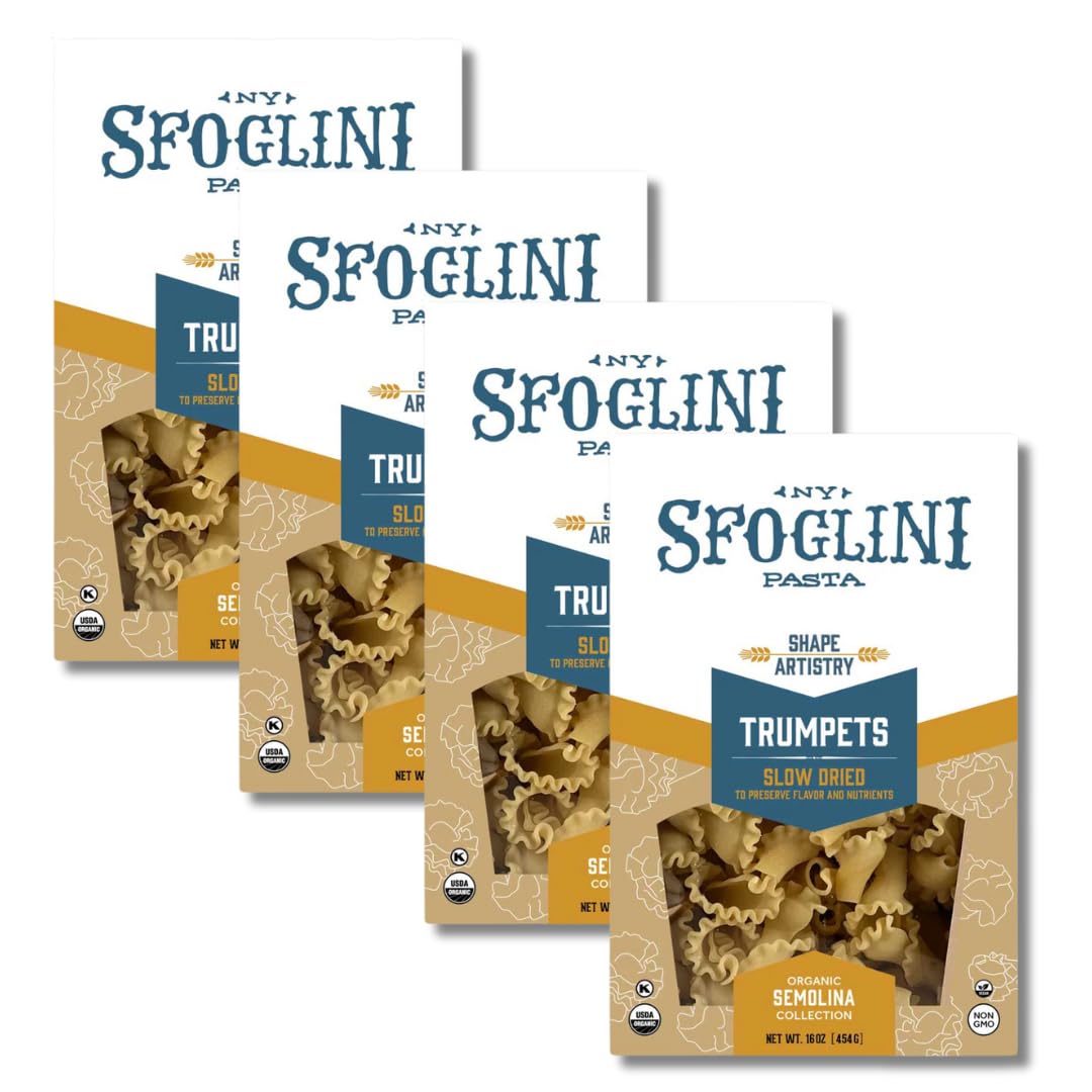 Sfoglini Trumpets Pasta (Organic Durum Semolina) – “Campanelle/Bell” Shape for Sauce Capture (4-Pack, 16oz Each)