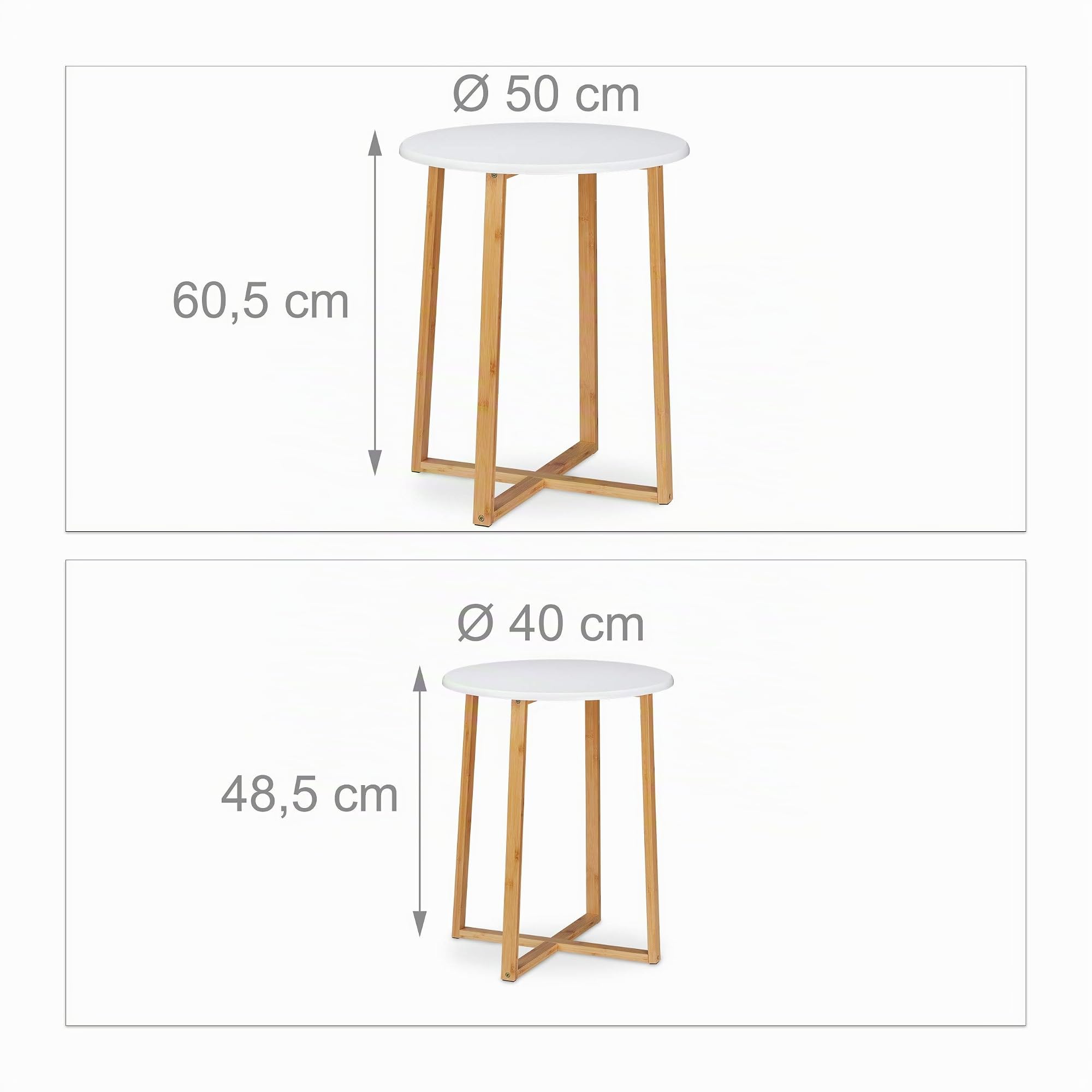 Relaxdays Set de 2 Mesitas Auxiliares, Redondas, 48,5 y 60,5 cm de Altura, Diseño Moderno, Mesa Salón, Natural/Blanco