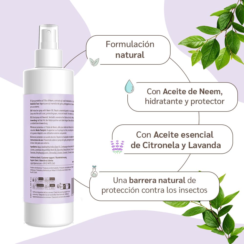 Aceite de Neem Spray para Gatos de Amusi 100 ml Made in Italy 100% Natural y Vegano | Spray Gatos antipulgas - contra Insectos y Pulgas - contra Garrapatas, Mosquitos, Moscas, Ácaros y Piojos