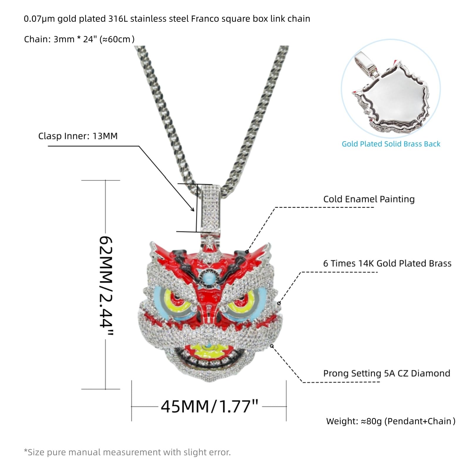 ICEDIAMOND Iced Out Bling collana per gli uomini Hip Hop oro bianco 14 K CNY Leone Sveglio CZ Diamante Ciondolo & Solido Franco Square Box Link Chain Collana