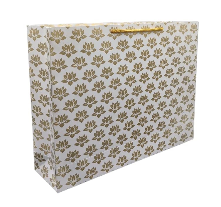 Arrow Paper Products Golden Lotus Printed Gift Bags For Gifting | Weddings | Birthday | Holiday Presents (Size 12 X 4 X 15.50 Inch | Pack of 25)
