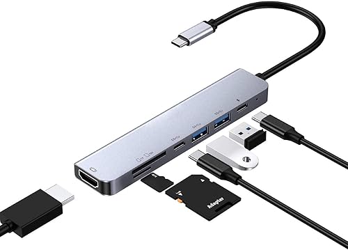 Adaptador de concentrador USB 3.0 Estación de acoplamiento Lector de tarjetas Dongle Tipo C 3.1 USB C a HDMI Multi Puerto 7 en 1 Velocidad 10Gbps PD