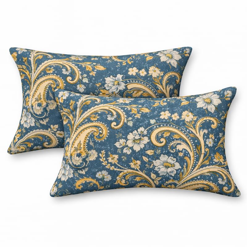 Image of Fitted Sheet Blue Paisley Floral Print Fitted Bedsheet | Glace Cotton 140 TC | Single Size (36x75 inch) with 2 Pillow Covers (18x28 inch) | Deep Pocket up to 10 Inches - Soft & Comfortable