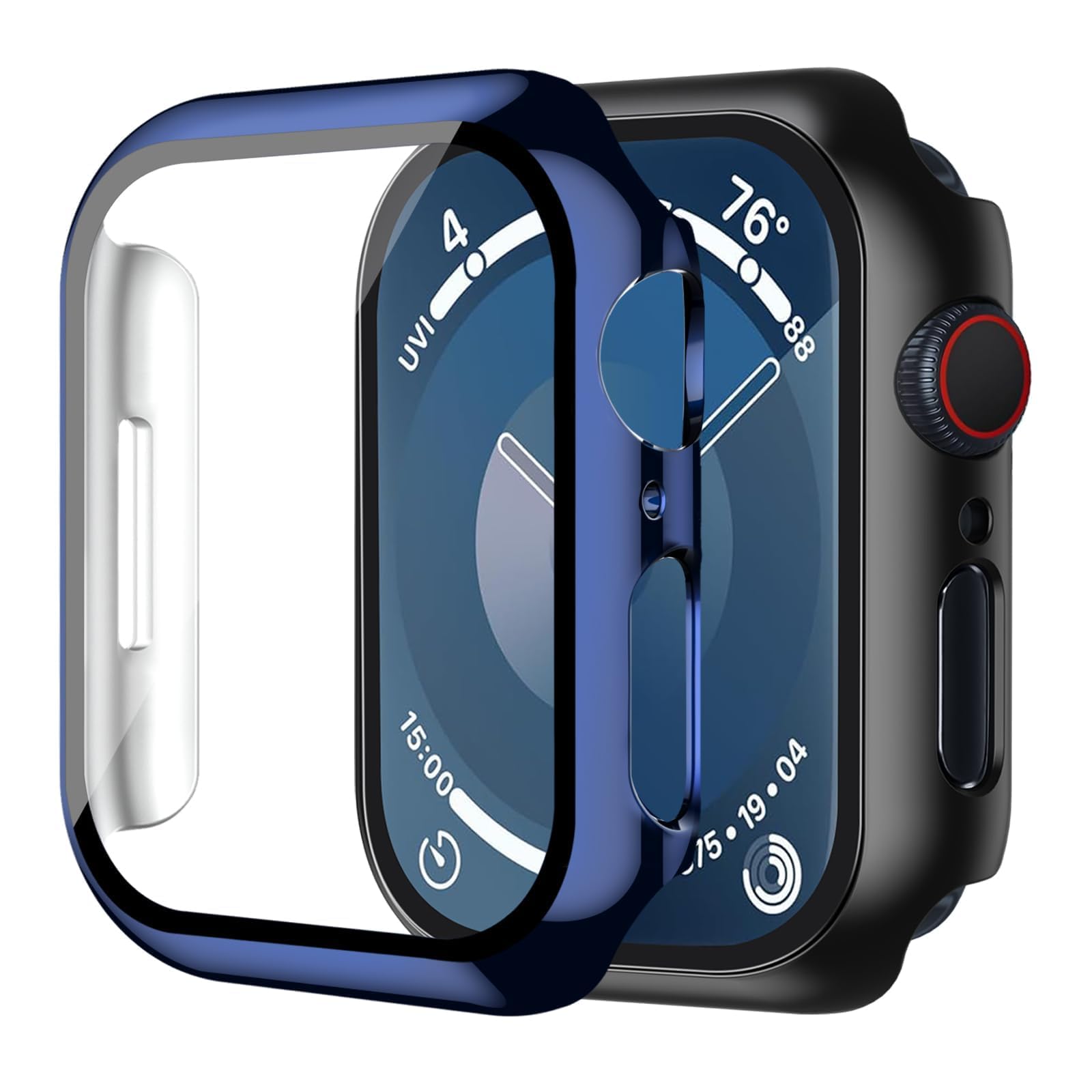 Smiling 2 Pack Case Compatible with Apple Watch Series 9/8/7 41mm with Tempered Glass Screen Protector, Hard PC Case Overall Protective Cover- 1 Blue + 1 Black
